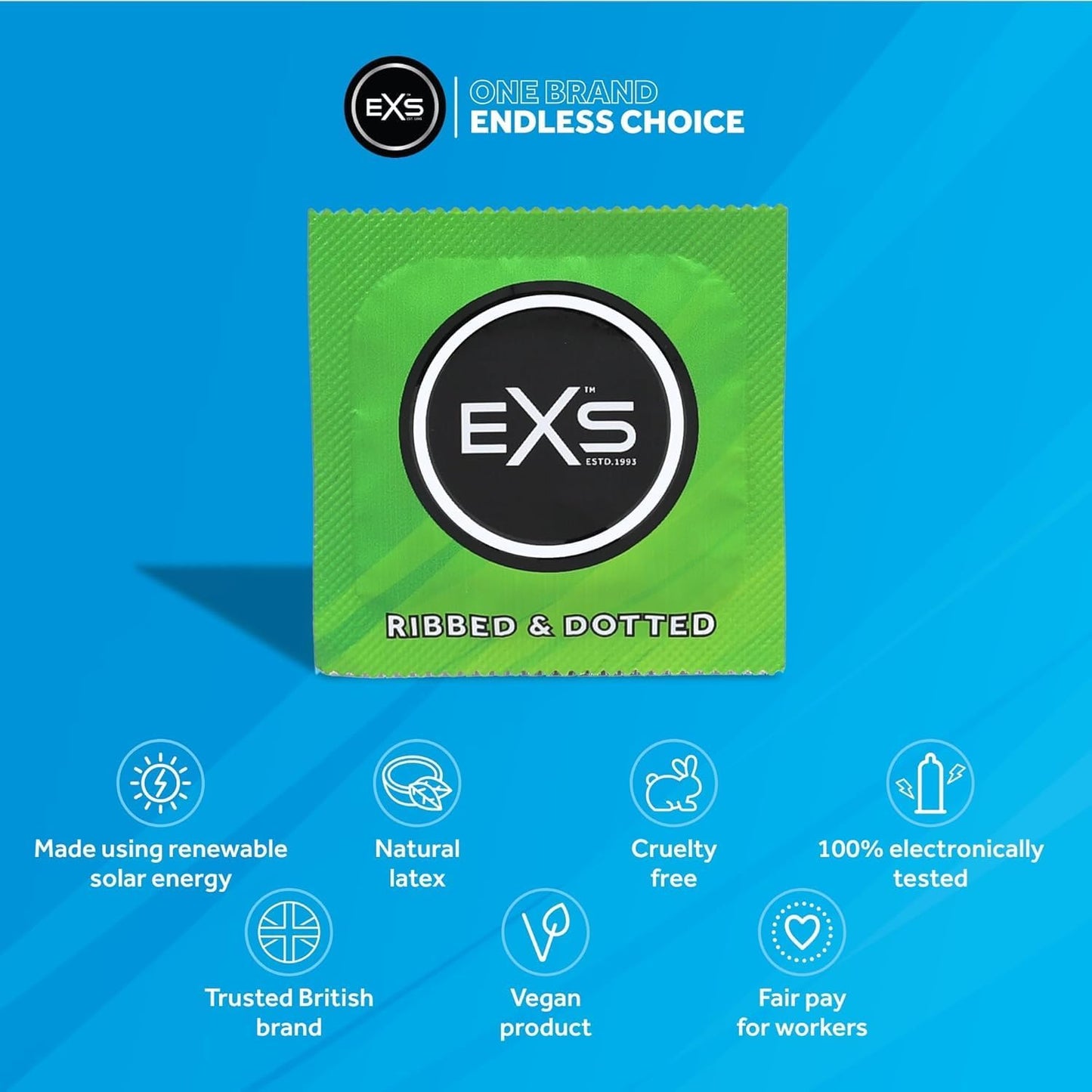 EXS | Textured Condoms | Natural Latex & Silicone Lubricated | Ribbed & Dotted | Vegan | 48 Pack