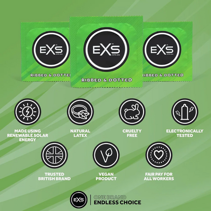 EXS | Textured Condoms | Natural Latex & Silicone Lubricated | Ribbed & Dotted | Vegan