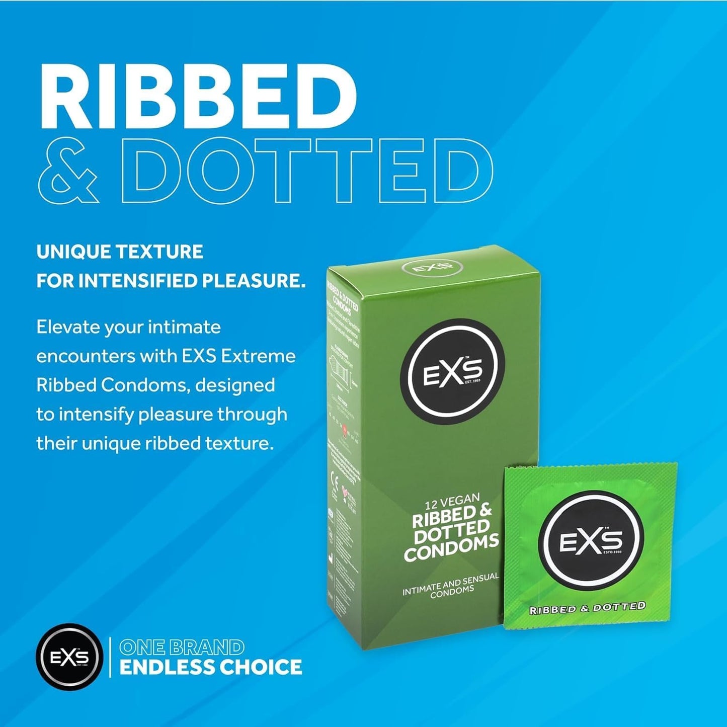EXS | Textured Condoms | Natural Latex & Silicone Lubricated | Ribbed & Dotted | Vegan
