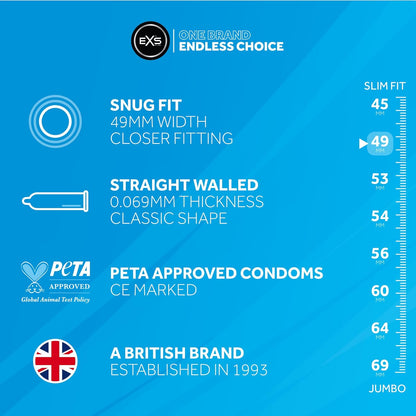 EXS | Snug Fit Condoms | Natural Latex & Tighter More Secure Condom | Vegan | 48 Pack