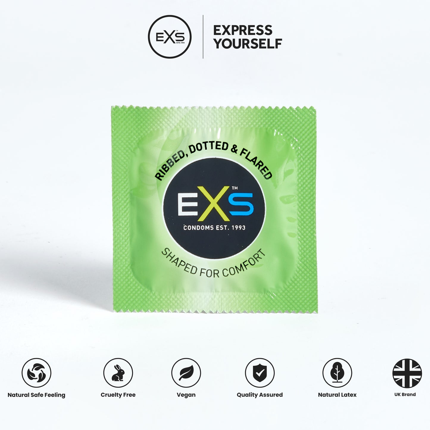 exs condoms ribbed and dotted single condom with background icons 