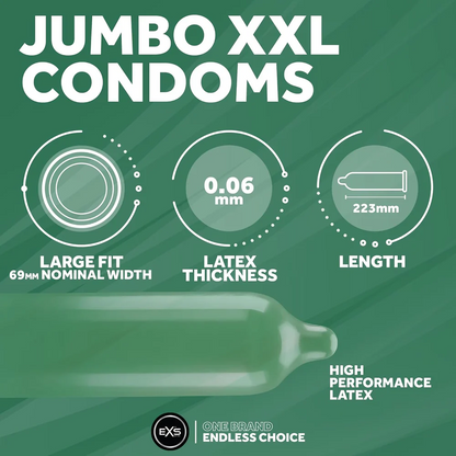 EXS | Jumbo Extra Large Condoms | Natural Latex & Silicone Lubricated | Extra Large Size | Vegan